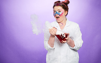A Mad Scientist with a tilting a beaker with red liquid inside and smoke pouring out